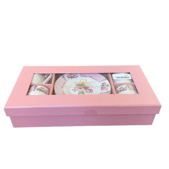 GRACE TEAWARE Spring Pink Floral Set of 4 Porcelain Espresso Cups Saucers NEW - Picture 2 of 10